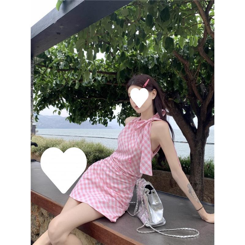 Pink Off-the-shoulder Sleeveless Neck Plaid Dress Children's Summer New Bow Hip Skirt