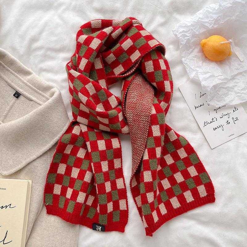 New Red Chessboard Plaid Knitted Scarf For Women And Men In Winter The Same Warm And Versatile Small Scarf