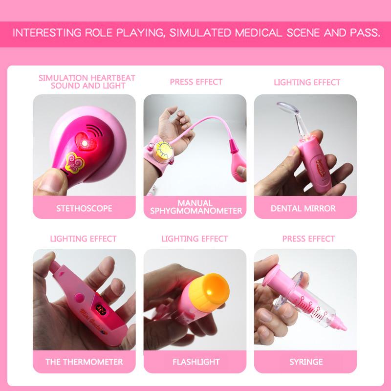 Mädchen-Arzt-Set, Spielzeug-Simulation, Familie, medizinisches Set, rosafarbener tragbarer Koffer, Medizin-Set