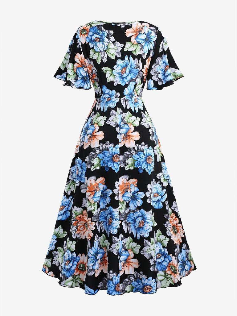 Rosegal Plus Size Colorful Flower Printed Surplice Ruffles A Line Casual Dress