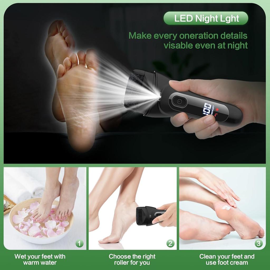 Electric Foot Callus Remover, LED Light & Display Electric Foot File, Rechargeable Waterproof Electric Foot Filer, 3 Replacement Rollers & USB-C