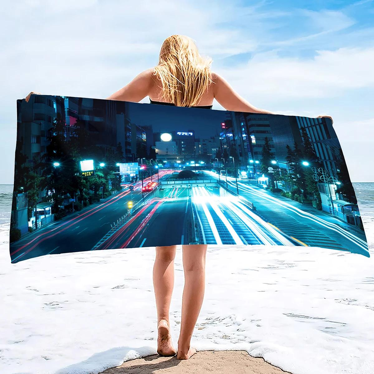 

Cyber style city night scene Sand Towel Beach Blanket Sand Free Microfiber Quick Drying Swimming Pool Towels Camping Towels W30*H60(CM)