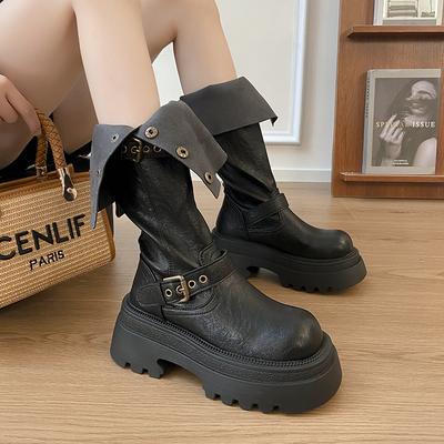 Neue Damenstiefel Basic Klassiker Kniehohe Stiefel Damen Gürtelschnalle Seitenreißverschluss Runde Zehenpartie Keilabsatz Plateau Schuhe Damen Zapatos Mujer
