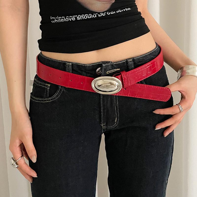 Retro Y2k Red Leather Belt For Women With Alligator Pattern And Gold Buckle