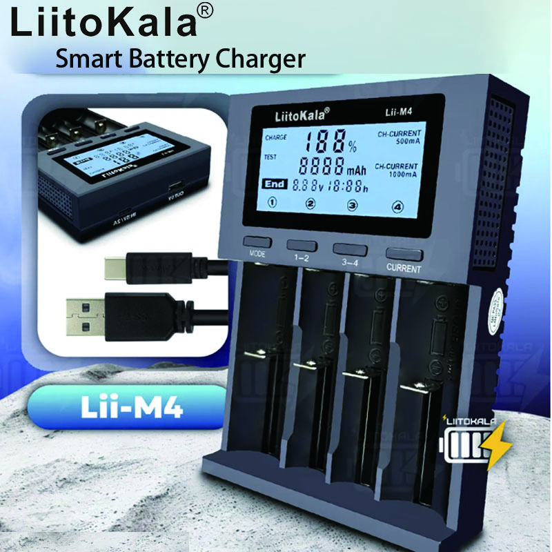 LiitoKala Lii-M4 Smart Battery Charger LCD Display Universal 4-Slot for 18650 26650 21700 AA AAA 5V 2A Testing Capacity Lii-M4