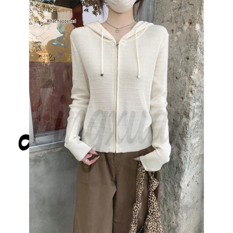 Korean Spring Style Versatile Knit Cardigan with Hood and Drawstring One Size абрикосовый