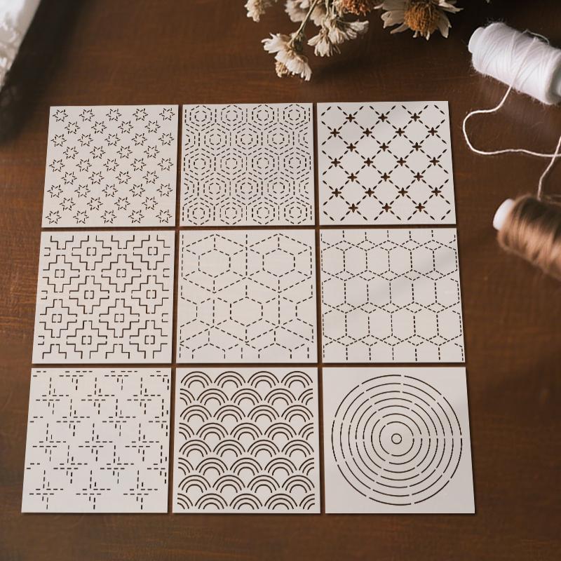 YOMDID 9pz Modelli per Ricamo Sashiko Riutilizzabili in PET Stencil da Cucito Modelli da Ricamo Fai da Te Modello Geometrico a Linea per Quilting