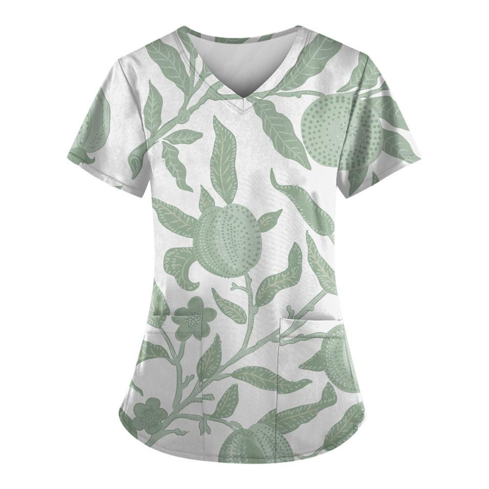 Willow Print Women's T-shirt V-neck Nurse Uniform Comfortable Short Sleeved Women's T-shirt