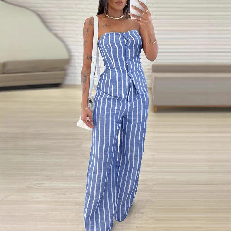 

European and American Fashion Street Stripe Personalized Tube Top Strapless Sleeveless Set Striped Strapless Suit Blue XL
