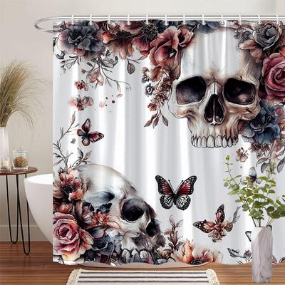 Gothic Fantasy Floral Skull Shower Curtain - Vibrant Roses & Butterflies, Durable Polyester, Ideal for Bathroom Decor