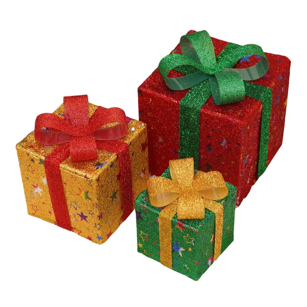Christmas Box Decorations Christmas Boxes Decor With LED Light 3 Pieces Battery Operated Ornaments Seasonal Display For Winter