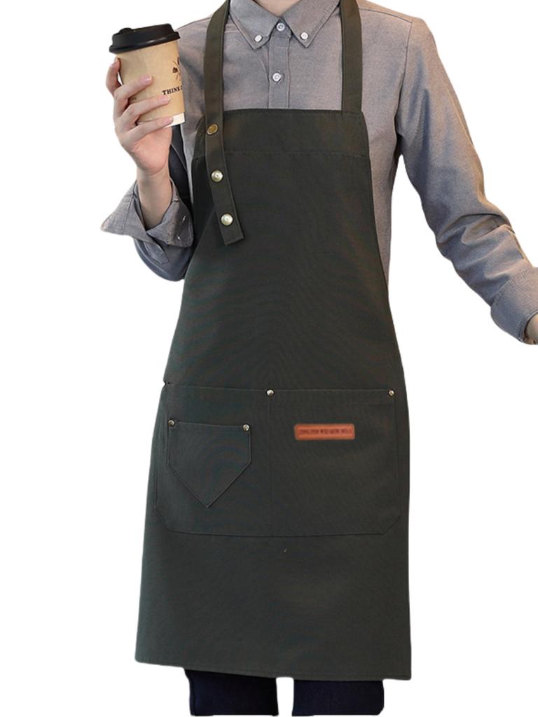 Restaurant café apron for cooking; kitchen canvas apron for ladies with 3 adjustable shoulder straps and large pockets; chef's b