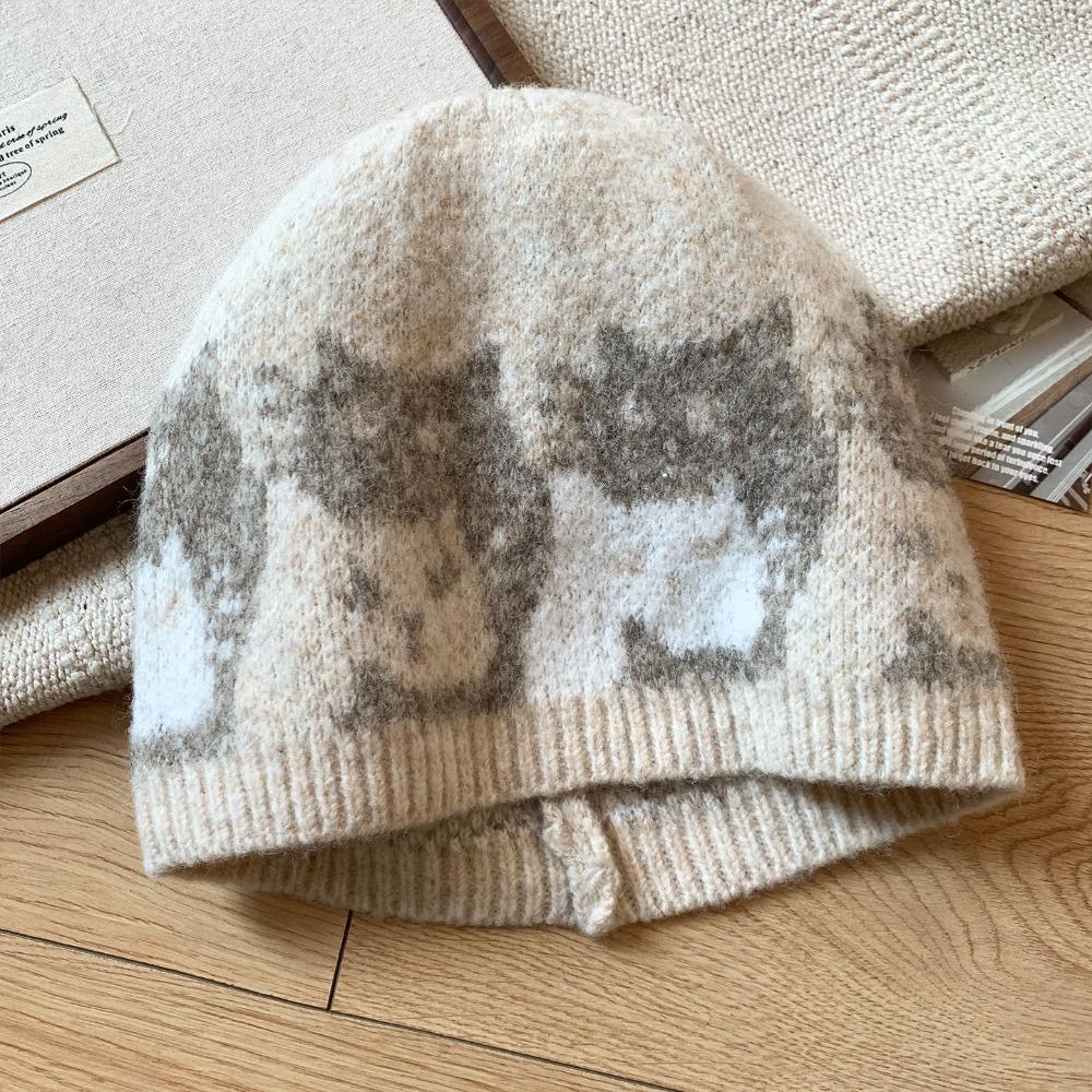 Warm Jacquard Pattern Beanies Fair Isle Style Printing Knit Cap Jacquard Cat Knitted Hat Girls