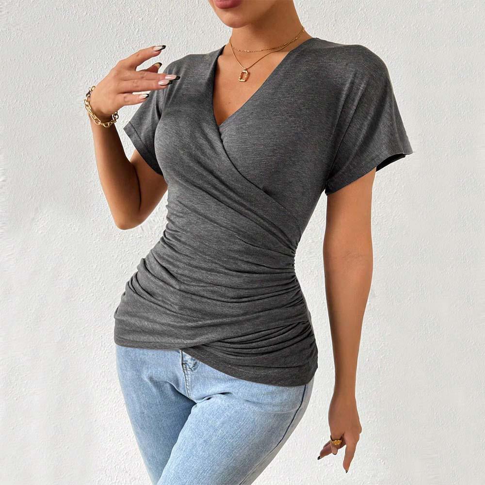 

2024 European-American Deep V Knitted Pleated Slimming Top Medium серый