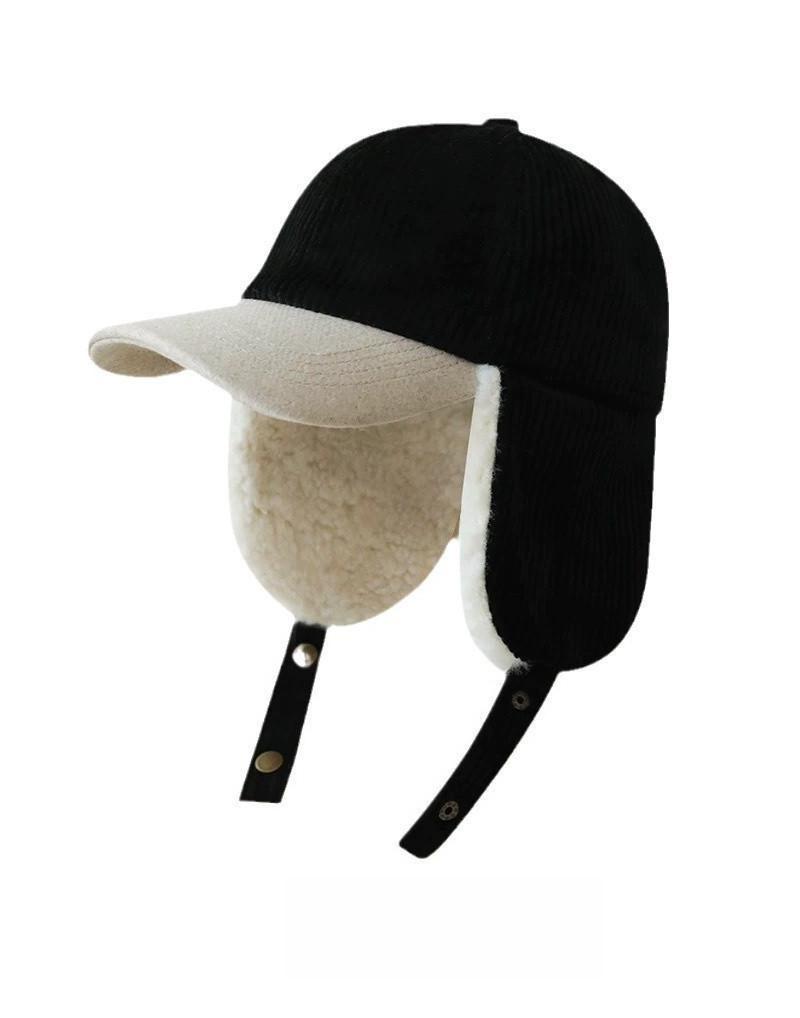 Winter Warm Corduroy Fur Ear Flap Thickened Baseball Cap Sporty Street Style Hunting Plain Wool Trapper Hat For Men Women