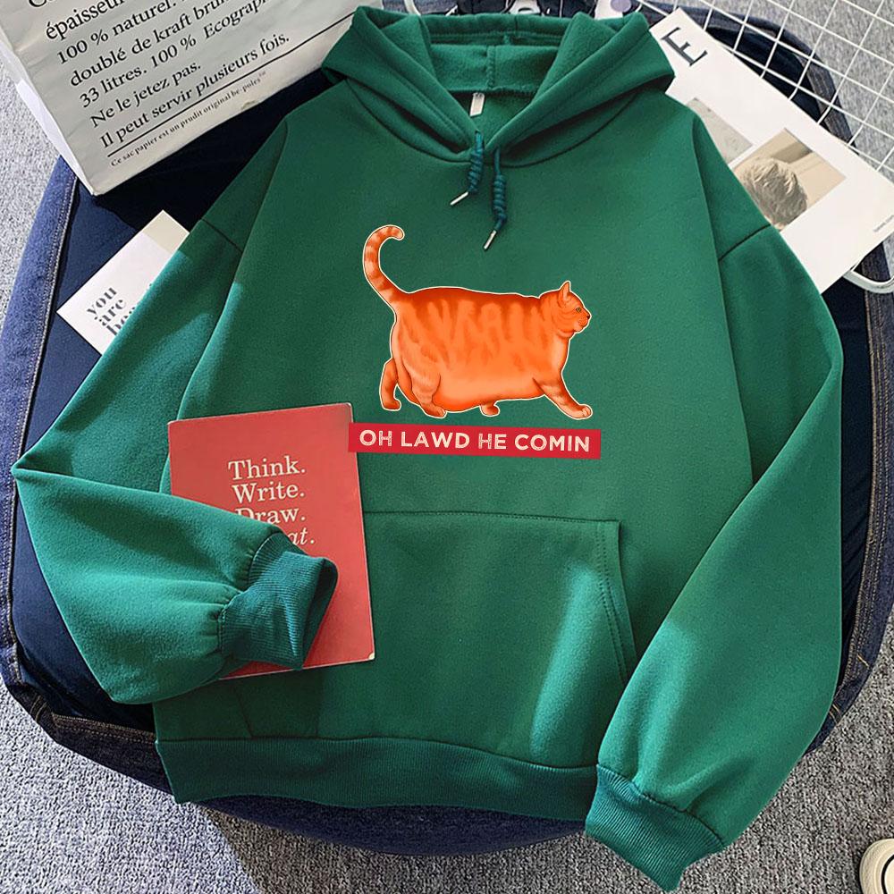 Oh Lawd He Treading CAT Print Hoodies Cartoon Women Men Sweatshirts Winter Fleece Kawaii Graphic Pullovers Girl Hoodie