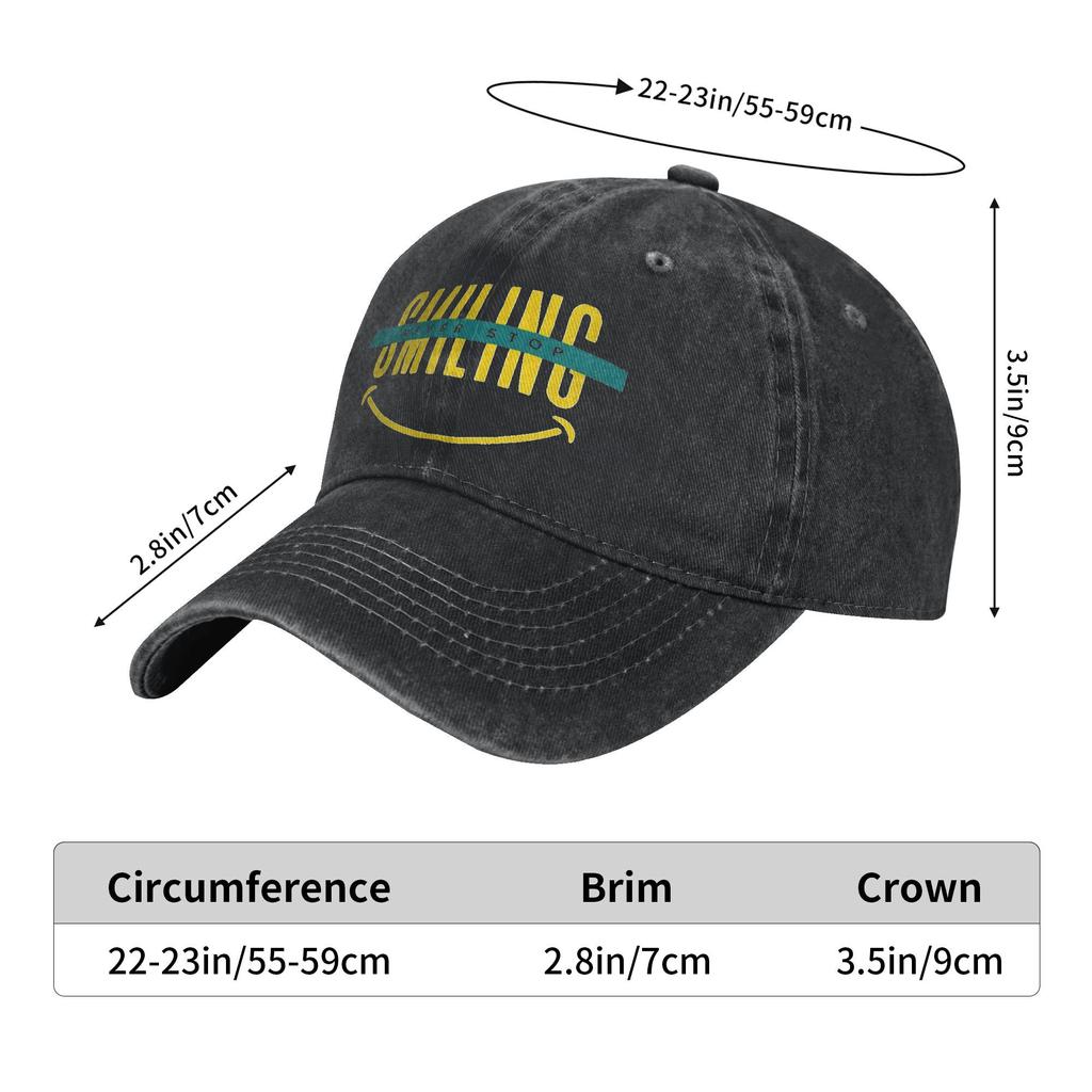 Classic Never Stop Smiling Funny Baseball Cap for Men Women Distressed Denim Snapback Hat Outdoor Summer Soft Caps Hat