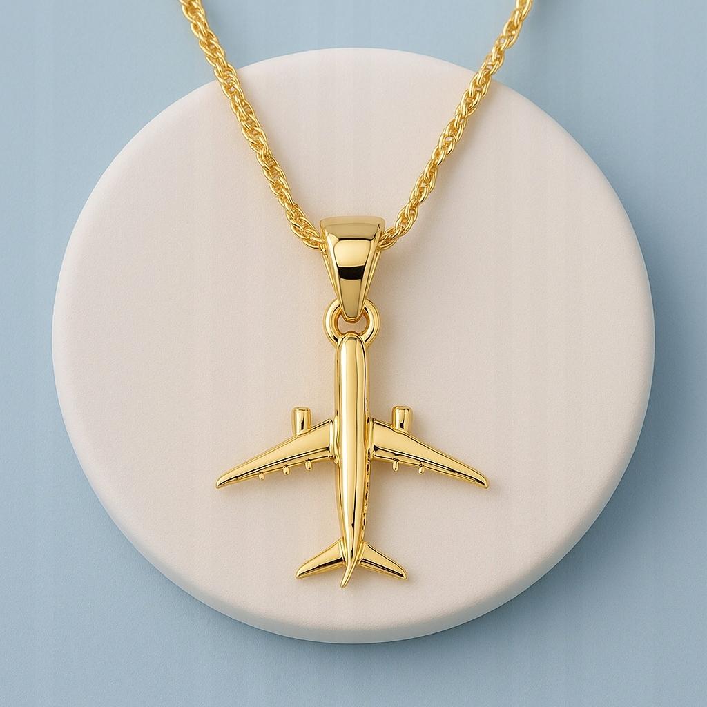 Gold Necklace With Airplane Hanging Plane Travel Silver 925
