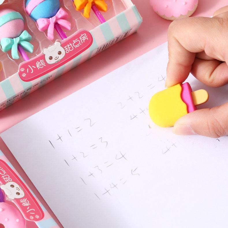 4pcs/Box Sweet-Style Kids Erasers, Kawaii Lollipop & Ice Cream Design - Durable Pencil Erasers for Student Stationery (School & Office)