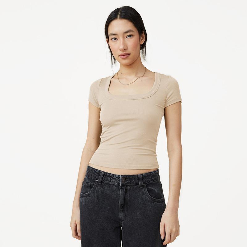 Y2K Summer Short Sleeve Slim Fit Crop T-shirts Women Fashion New Square Neck Elegant Casual T shirts Tops Simple Office Ladies Base Tee Shirt 26505