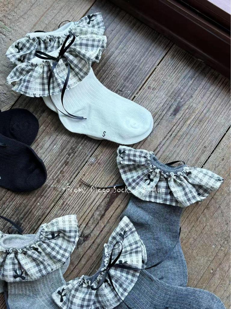 Autumn Lace-Trimmed Black & White Plaid Mid-Calf Socks for Girls - Sweet Lolita Butterflies