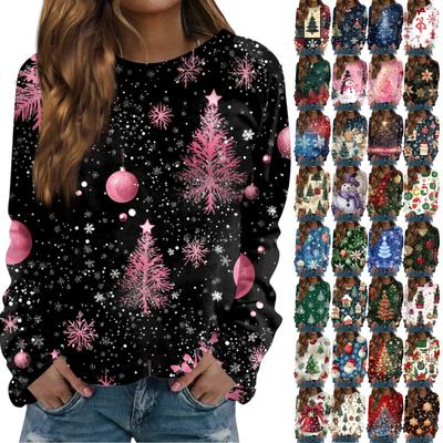 Damen Casual Mode Weihnachtsbaum Bedrucktes Rundhals Langarm Oberteil
