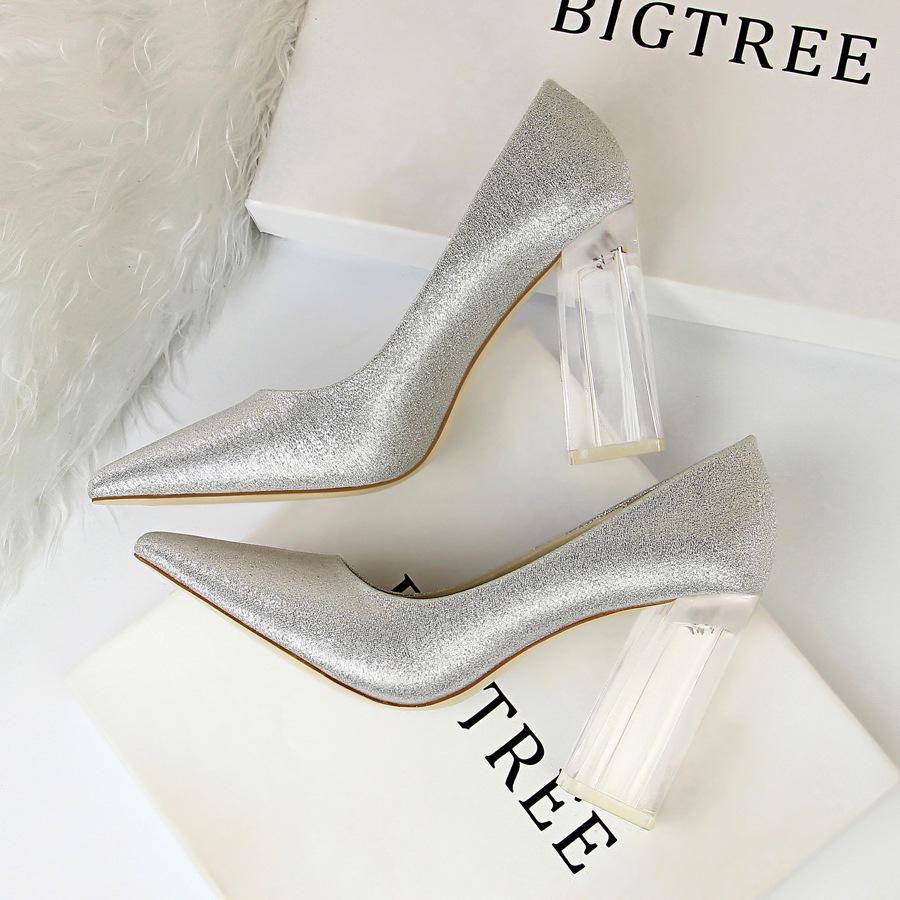 BIGTREE женские модные прозрачные шелковые пикантные туфли на высоком каблуке 10 см с кристаллами 34 серебряный 2159₽