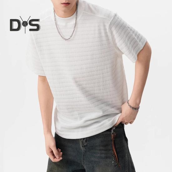 Men T-shirt Round Neck Short Sleeve 3D Striped Jacquard Design Tee Shirt Solid Color Loose Fit Summer Casual Tops