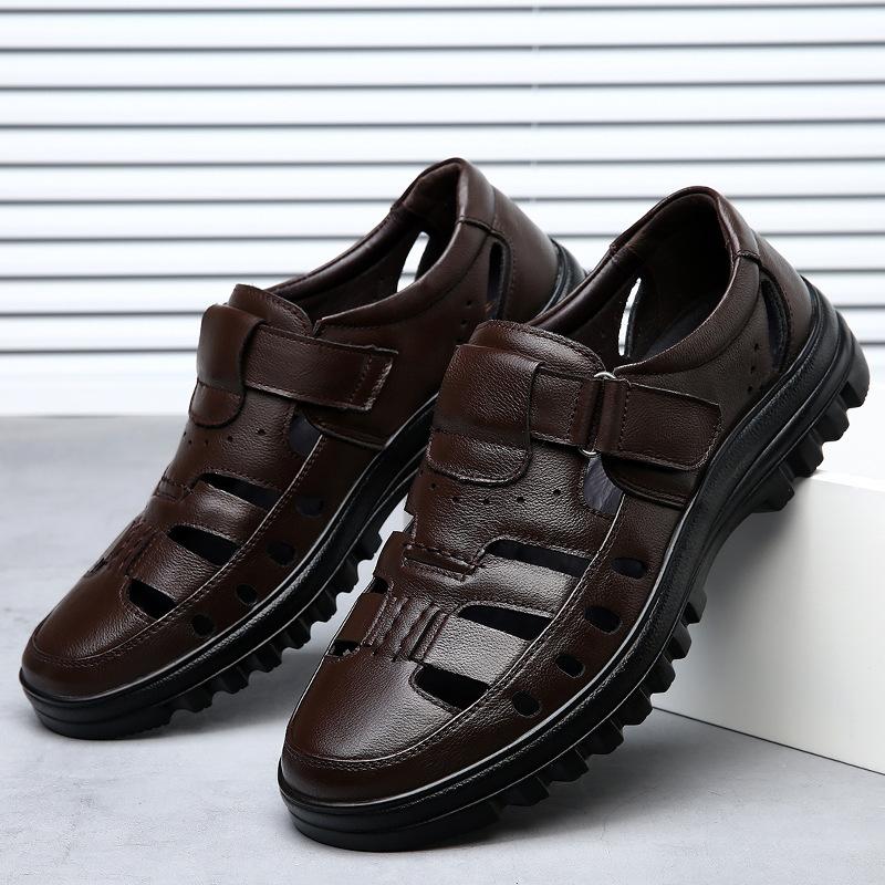 Baotou Sandals Men's Summer Leather Casual Leather Shoes Men's First Layer Cowhide Hollow Hole Shoes Soft Sole Dad Shoes