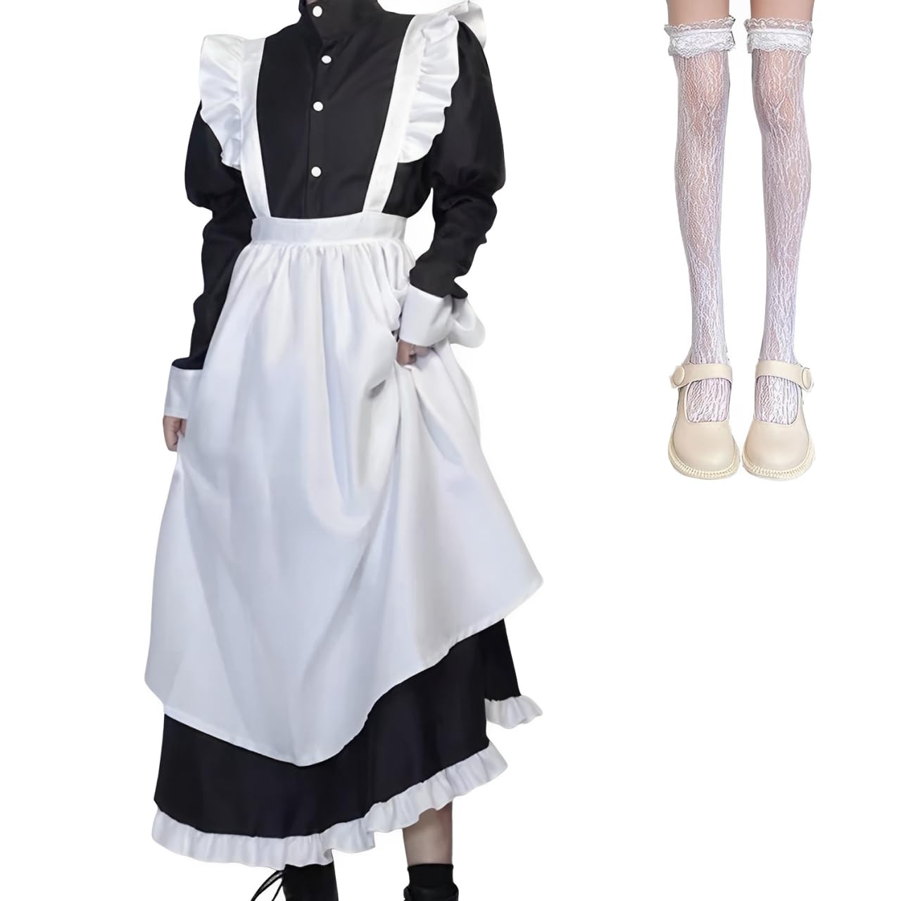 

AOTYP Maid Long Black Halloween Cosplay Lace Pattern Classic Long and Plus Size 2XL British-Style Costume, Dress, Costume, 4-Piece Set, Tights,