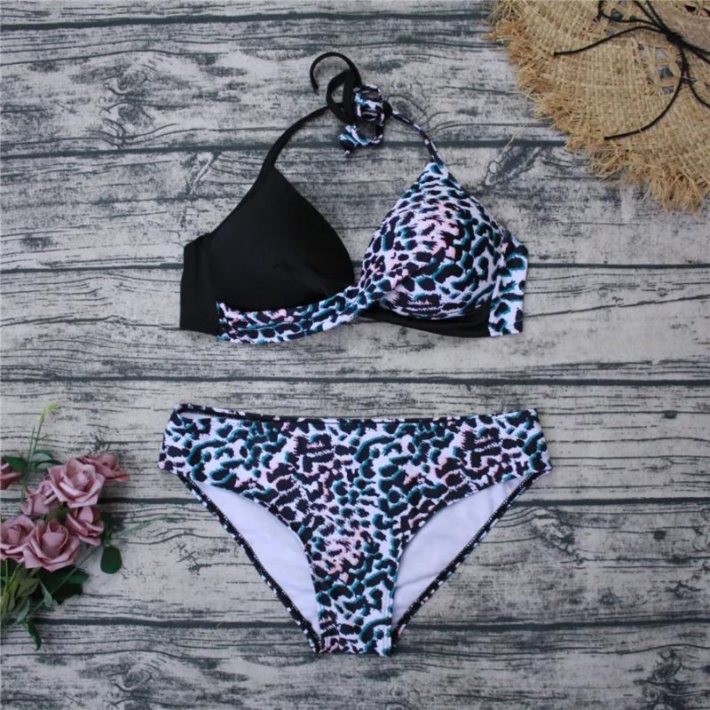 

Сексуальный комплект бикини Push Up, купальники, женский купальник, купальный костюм, женский купальник с бретельками через шею, пляжная одежда с принтом листьев, купальный костюм для женщин M