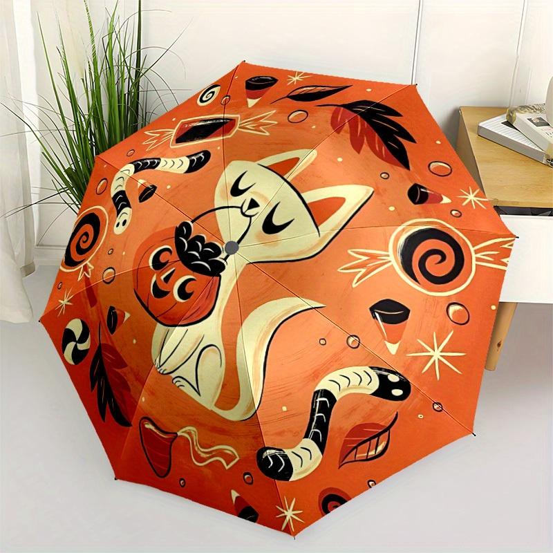 1pc Halloween Cat Automatic Open/Close Umbrella - Compact Travel Umbrella, 8-Rib Heavy-Duty Construction, Ideal Gift, Outdoor Accessory009