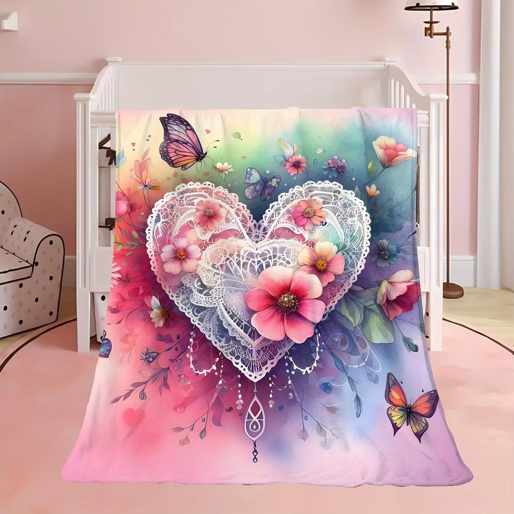 Colorful heart-shaped floral pattern Flannel printed blanket suitable for all seasons suitable for living office sofa and travel
