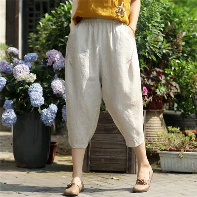 Women's Summer Elastic Waist Loose Casual Carrot Pants Literary Retro Cotton-Linen Embroidered Seven-Point Harem Pants