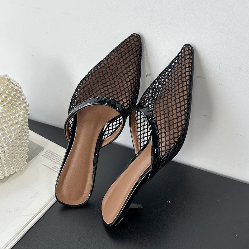 

Модные женские туфли-мюли с острым носком, из сетки, на каблуке, шлепанцы, женские шлепанцы на низком каблуке, женские шлепанцы, сандалии, туфли-лодочки, большой размер 43 35 бежевый