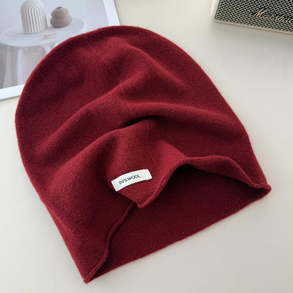 Pure Wool Pile Cap A Versatile Solid Color Knitted Cap for Women A Warm and Ear Protecting Postpartum Cap