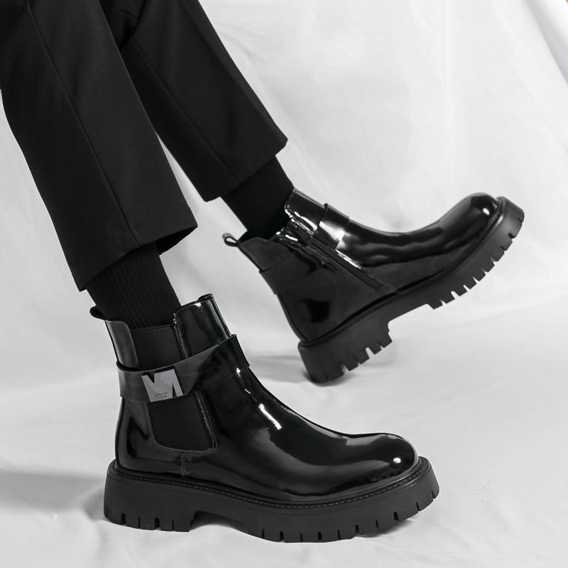 Men's British-Style Patent Leather Chelsea Boots, Buckle Detail 4CM Elevator Design for Formal Events/Daily Commute/Office Wear