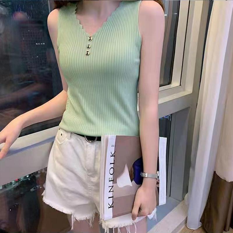 Summer Women's Bottoming Shirt V-neck Sleeveless Ice Silk Camisole Undershirt Sleeveless Knit Tops Vest Loose Elastic