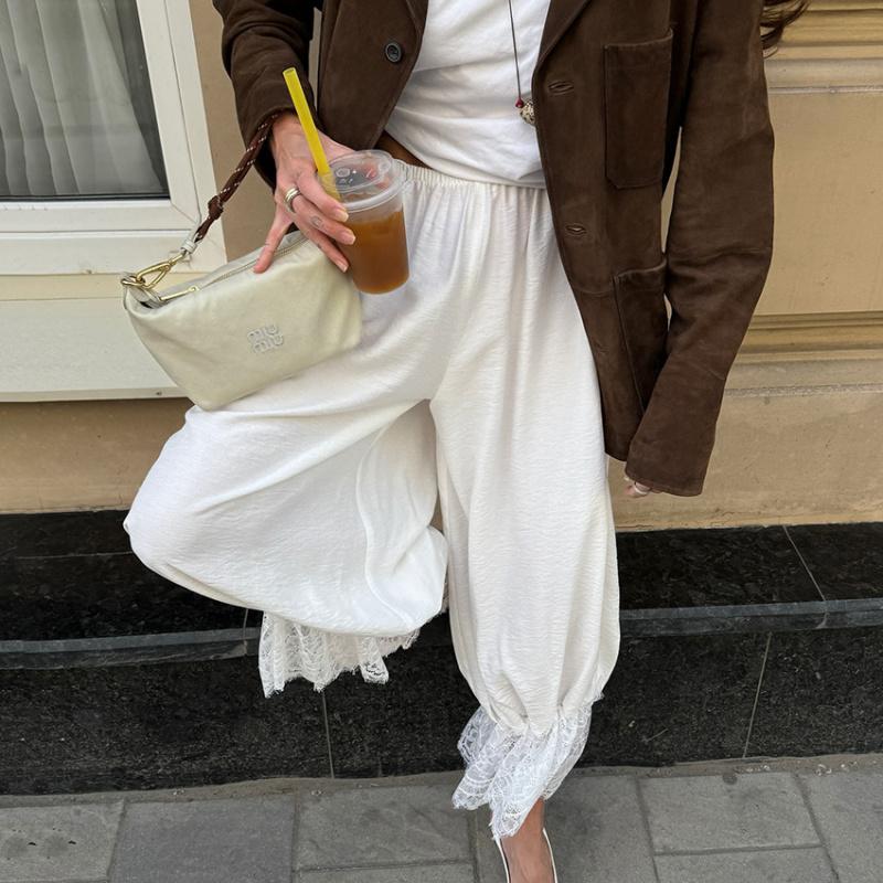 

Linad Винтажные Свободные Кружевные Брюки-Карандаш для Женщин Белые Элегантные Брюки с Эластичной Талией Уличный Шик Брюки Длиной до Щиколотки 2025 Лето L белый