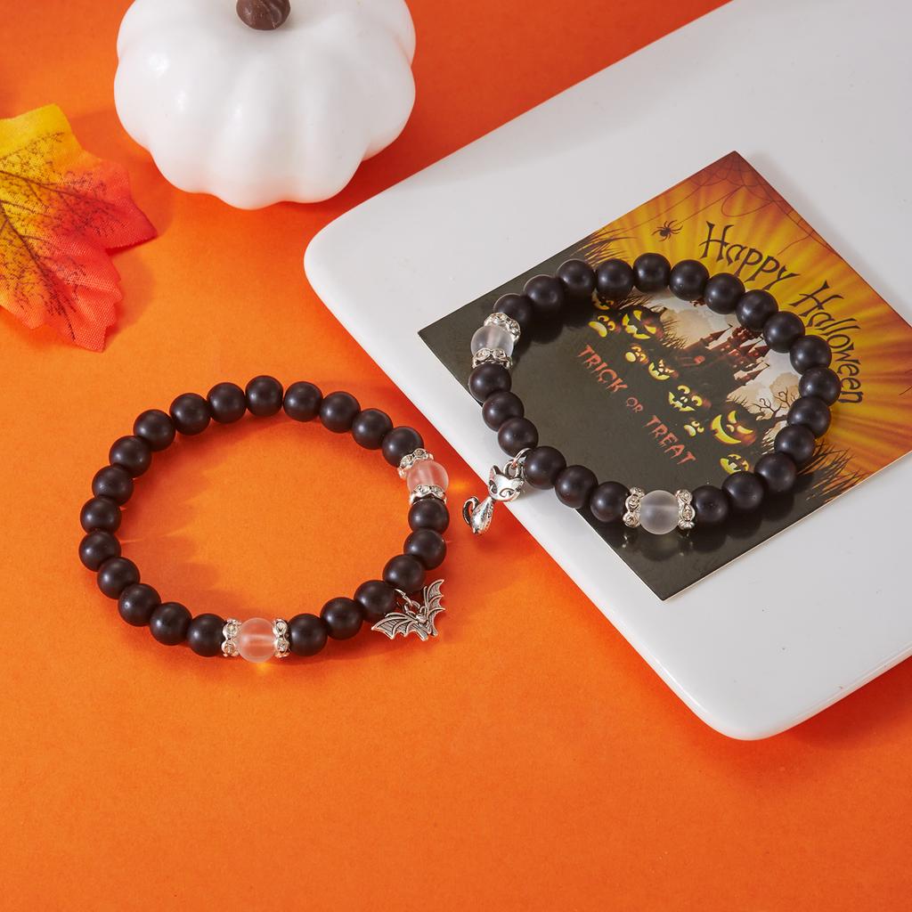 2Pcs/Set Halloween Pumpkin Spider Bracelets For Women Men Cute Cat Bat Ghost Couple Bangles Crystal Beads Bracelets Jewelry Gift