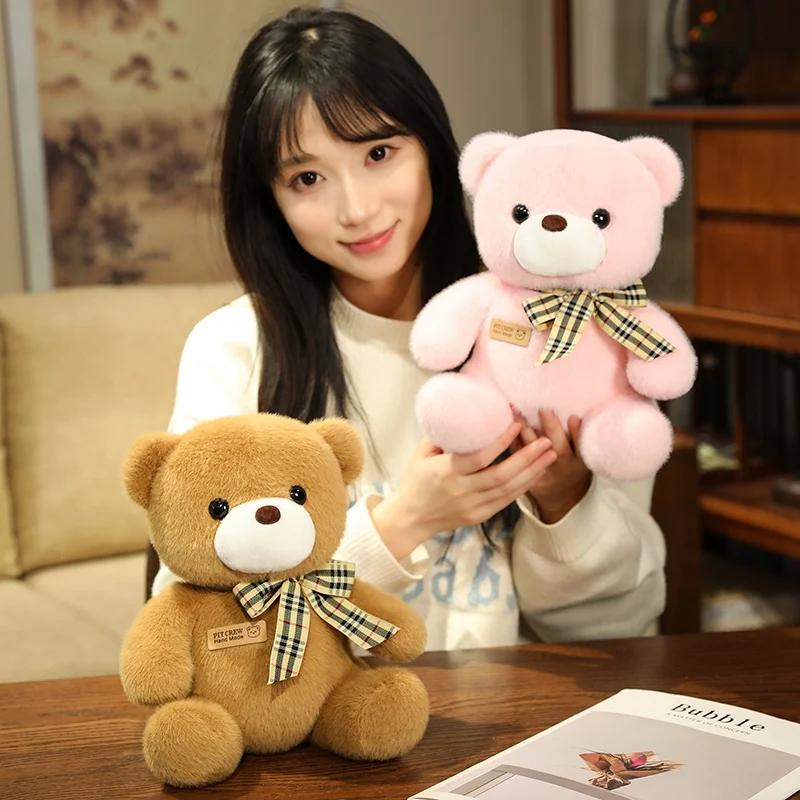 25cm Kawaii Colorful Bow Tie Bear Doll Plush Toy Stuffed Bear with Rose Animal Doll Birthday Gift Pillow for Girls Children