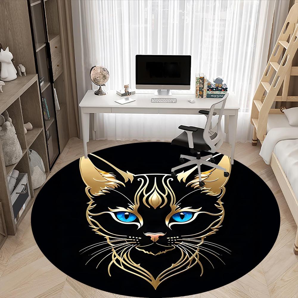 1pc Golden Feline Office Round Area Rug, Indoor Mat Suitable ForOffice, Under Office Chairs Bedroom Living Room Home Decor, Room Deco T120