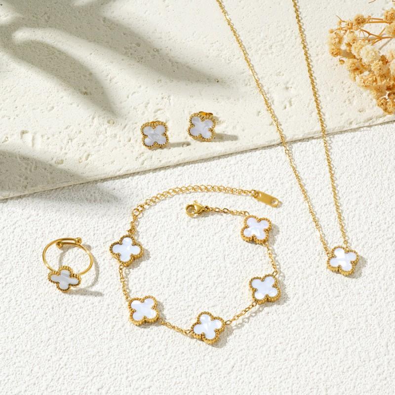 Stainless Steel Four Leaf Clover Jewelry Set Necklace Bracelet Earrings Ring Women Fashion Floral Gift