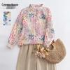 Sibaishe Women's Floral Print Ramie Long Sleeve Collared Shirt