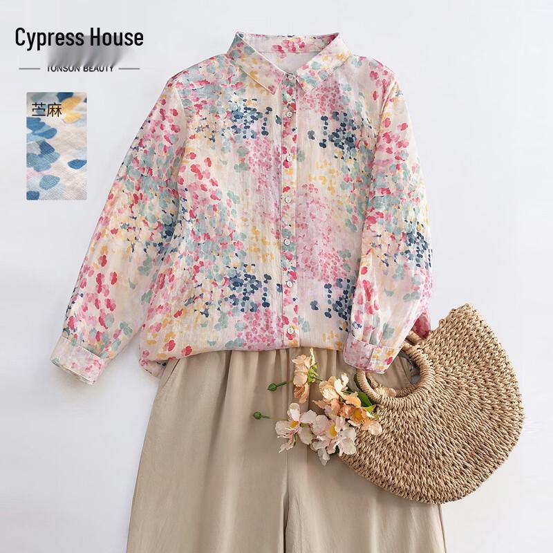 Sibaishe Women s Floral Print Ramie Long Sleeve Collared Shirt S