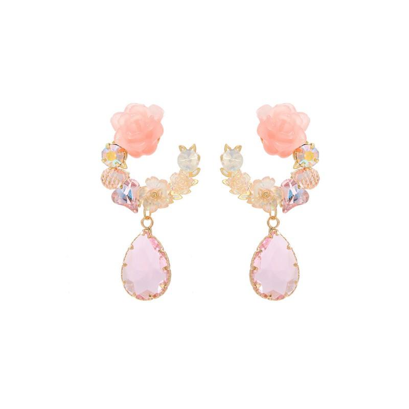 Elegant Floral Drop Earrings Women Pink Purple Crystal Rhinestone Flower Jewelry Vacation Office Chic Pink
