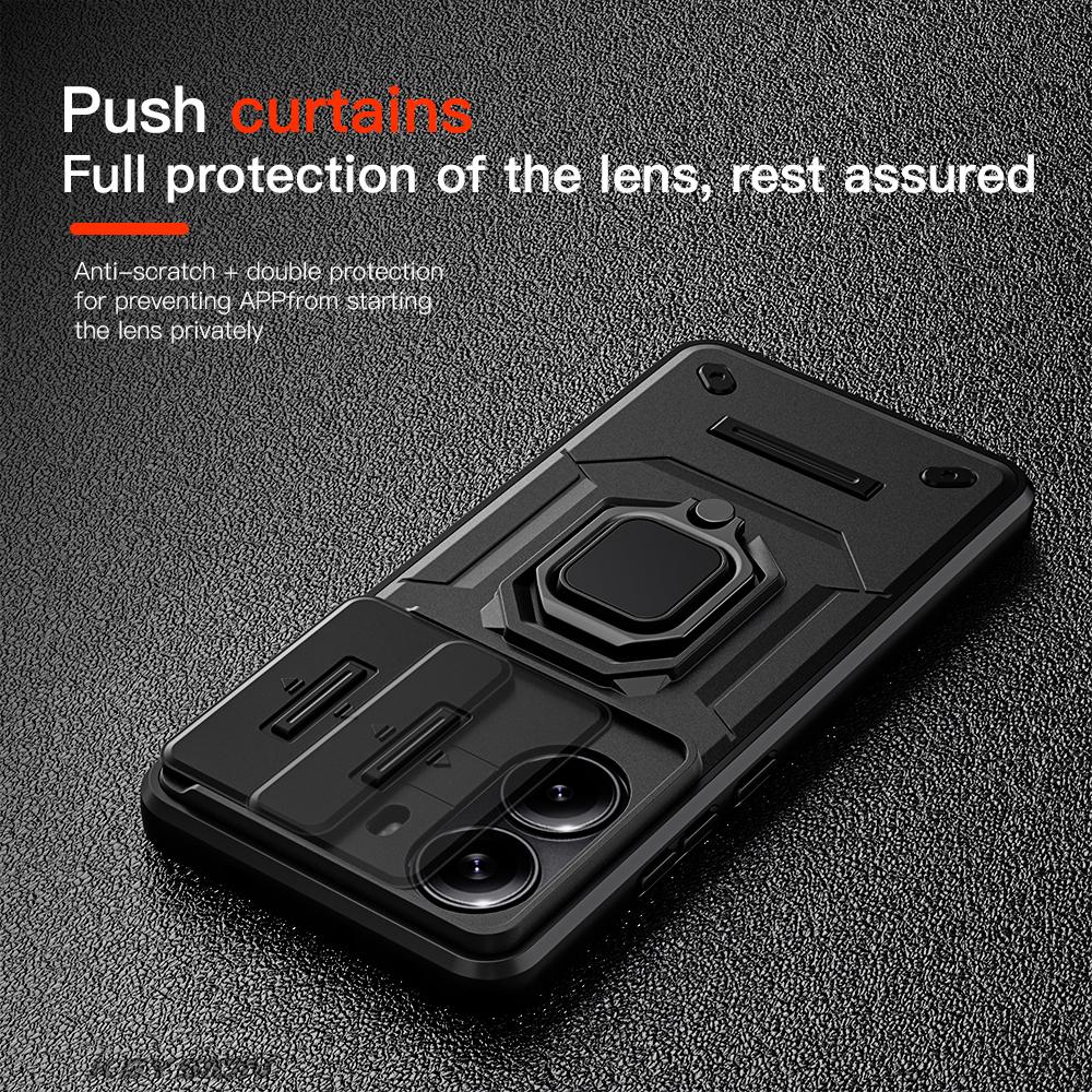 KEYSION Shockproof Armor Case for Xiaomi POCO X7 Pro Slide Camera Lens Protection Ring Stand Phone Back Cover for Redmi Turbo 4