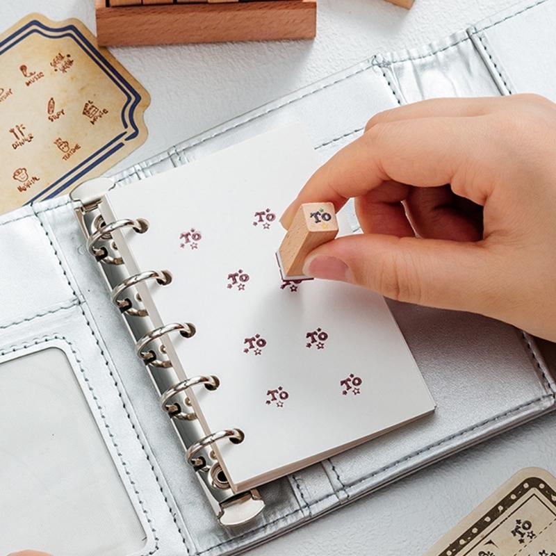 Planner Journal Seal Set with Wooden Tray, 8 Piece Paper Printing Tool for Scrapbook Work, Diary Use, and Label Tasks
