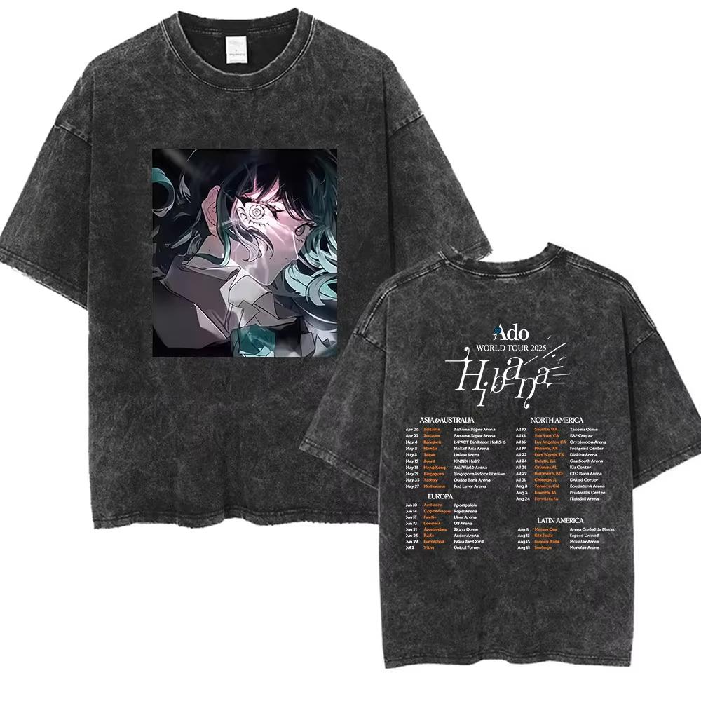 ADO Hibana World Tour Vintage Washed T Shirts Japanese Singer Fashion Oversized Tshirts Casual Aesthetic Short Sleeve Tees
