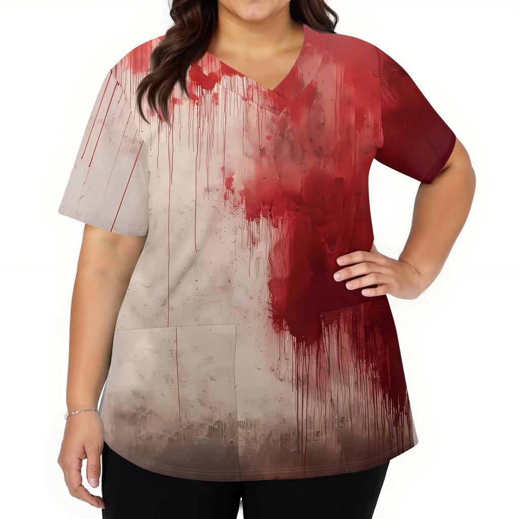 Γυναικεία Μόδα V-λαιμόκοψη Κοντομάνικη Επαγγελματική Ενδυμασία Με Τσέπες Τοπ με Αποκριάτικη Εκτύπωση